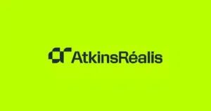 AtkinsRéalis logo: dark gray symbol and wordmark on a bright lime green background.