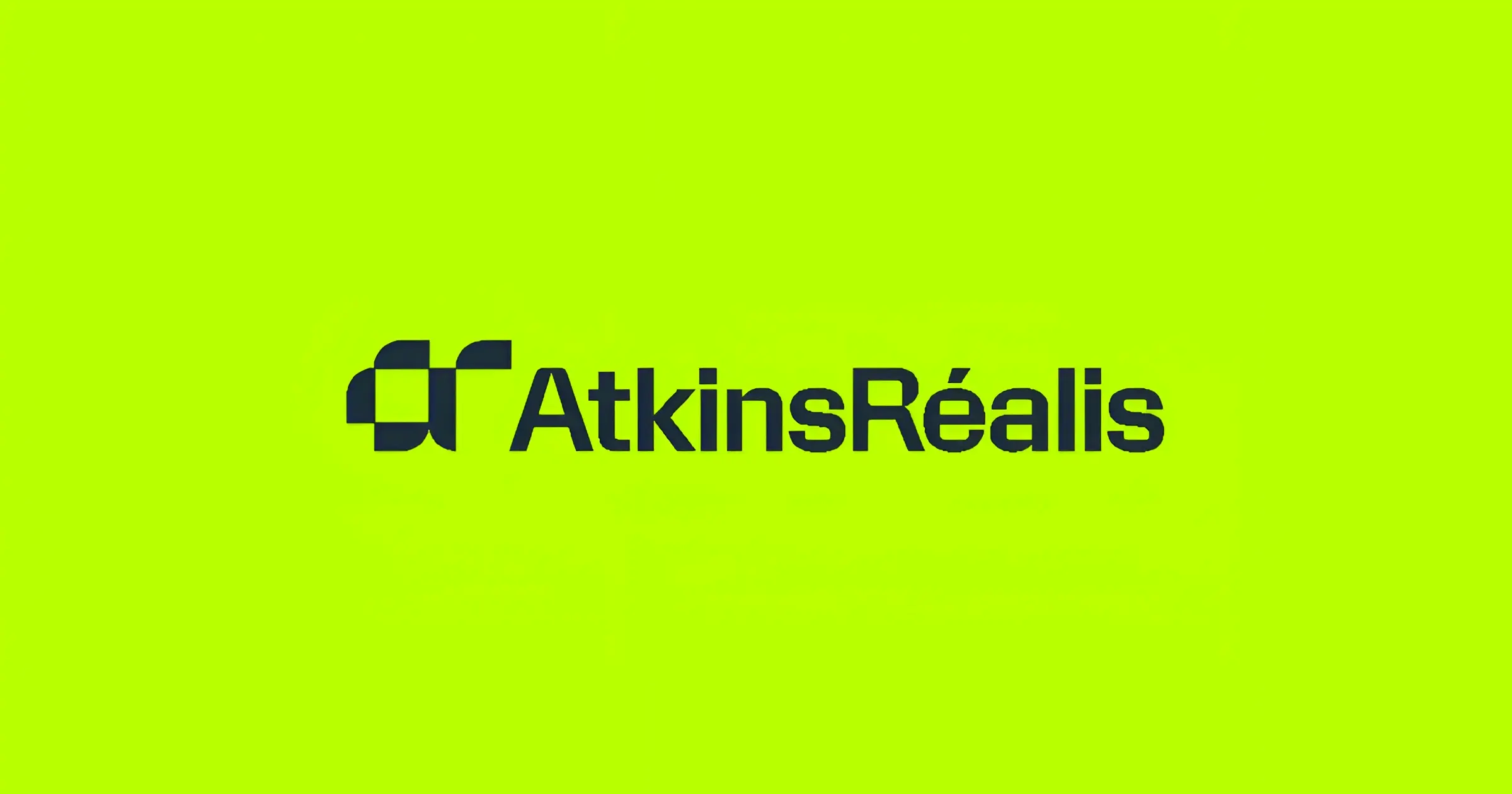 AtkinsRéalis logo: dark gray symbol and wordmark on a bright lime green background.