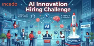 Incedo's AI Innovation Hiring Challenge: Diverse tech professionals, AI network, and a rocket launching from "Innovation.