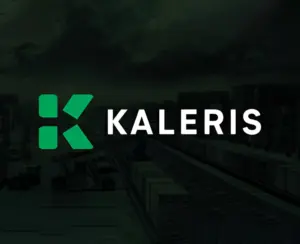 Kaleris logo: green K icon with white text over a dark logistics hub with rail cars.