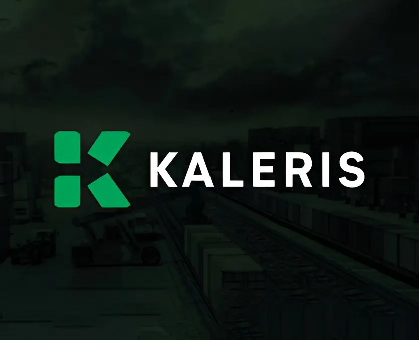 Kaleris logo: green K icon with white text over a dark logistics hub with rail cars.
