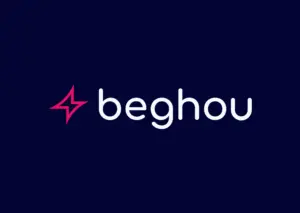 Beghou logo with a pink four-pointed star icon and white text on a dark navy background.