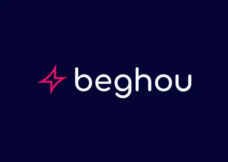 Beghou logo with a pink four-pointed star icon and white text on a dark navy background.