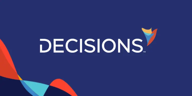 DECISIONS logo with white text and a colorful abstract graphic on a dark blue background.