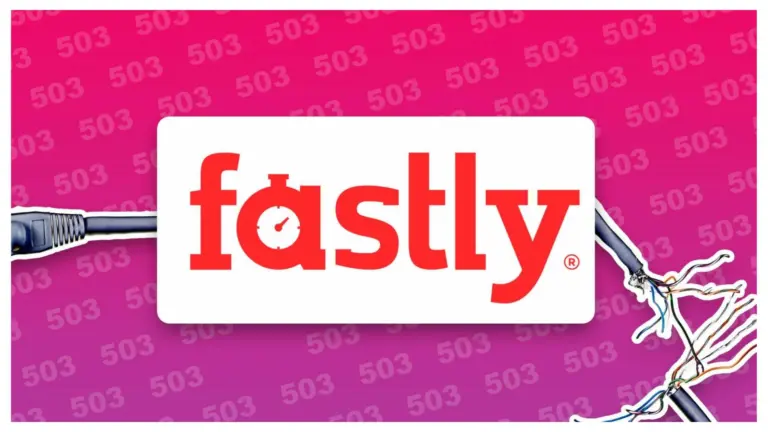Fastly logo over a pink background patterned with 503 error codes and a severed internet cable.