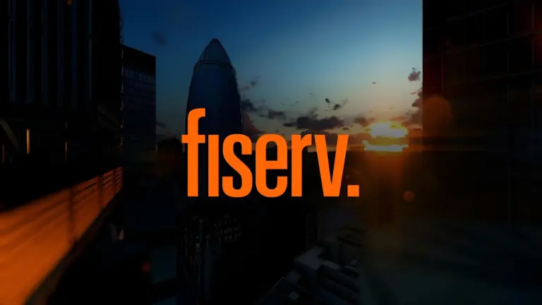 Fiserv logo over the London skyline at sunset featuring The Gherkin building.