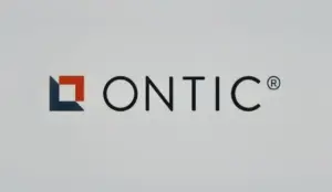 Ontic logo featuring a red and blue geometric square icon beside black uppercase text.