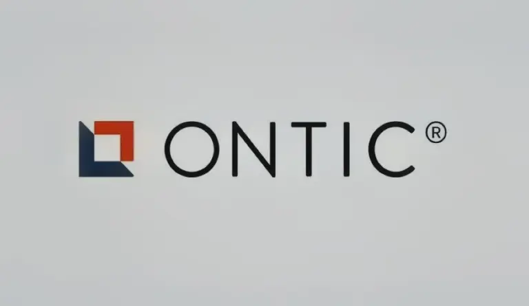 Ontic logo featuring a red and blue geometric square icon beside black uppercase text.