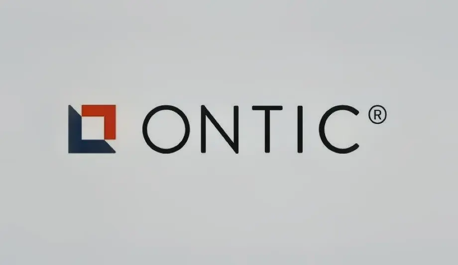 Ontic logo featuring a red and blue geometric square icon beside black uppercase text.
