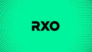 RXO logo in bold black centered on a vibrant mint green background with a black halftone dot pattern.