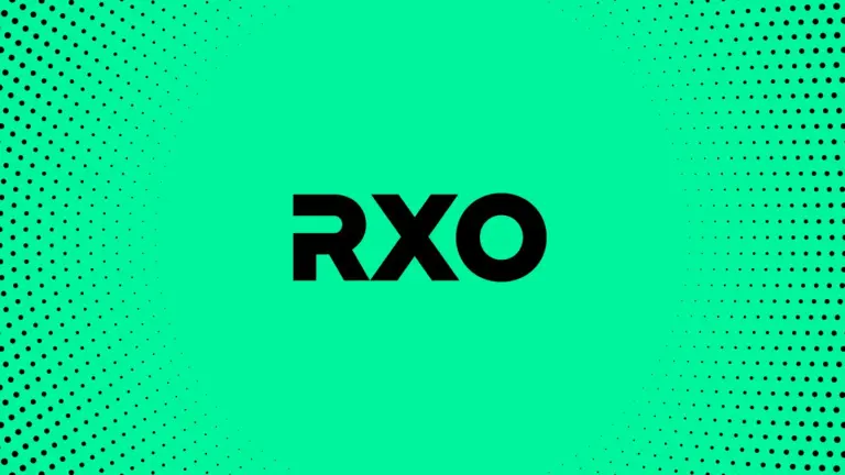 RXO logo in bold black centered on a vibrant mint green background with a black halftone dot pattern.