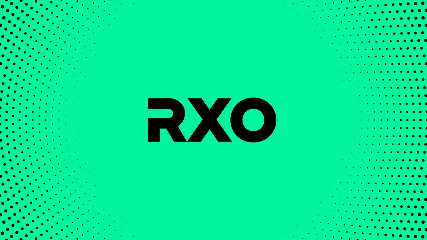 RXO logo in bold black centered on a vibrant mint green background with a black halftone dot pattern.