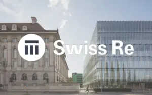 Swiss Re logo over a historic neoclassical building and a modern glass office structure.