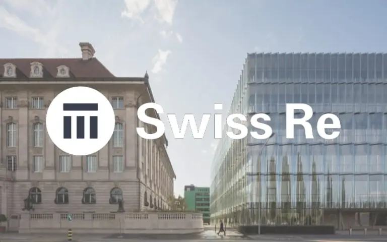 Swiss Re logo over a historic neoclassical building and a modern glass office structure.