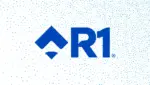 R1 RCM logo: blue 'R1' with an arrow-like icon, on a white background with fading blue dot pattern.