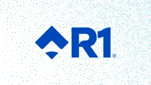R1 RCM logo: blue 'R1' with an arrow-like icon, on a white background with fading blue dot pattern.