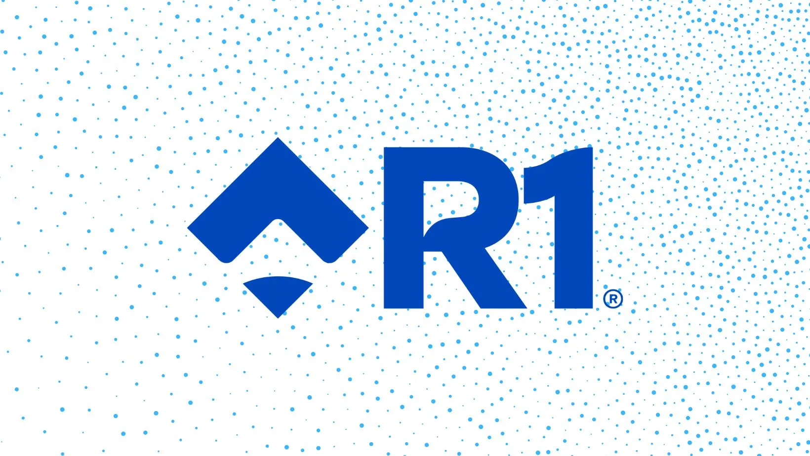 R1 RCM logo: blue 'R1' with an arrow-like icon, on a white background with fading blue dot pattern.