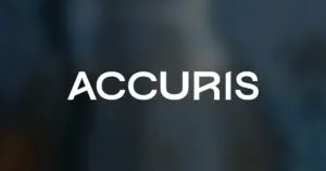 ACCURIS logo in bold white sans-serif text on a dark, out-of-focus blue background.