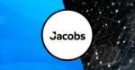 Jacobs logo in a white circle against a split blue and black digital circuit background.