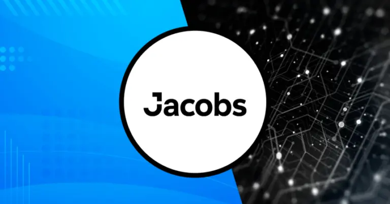 Jacobs logo in a white circle against a split blue and black digital circuit background.