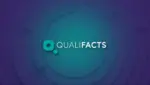 Qualifacts logo with a teal Q icon and white text on a purple and teal abstract circular background.