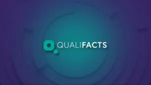 Qualifacts logo with a teal Q icon and white text on a purple and teal abstract circular background.