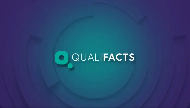 Qualifacts logo with a teal Q icon and white text on a purple and teal abstract circular background.