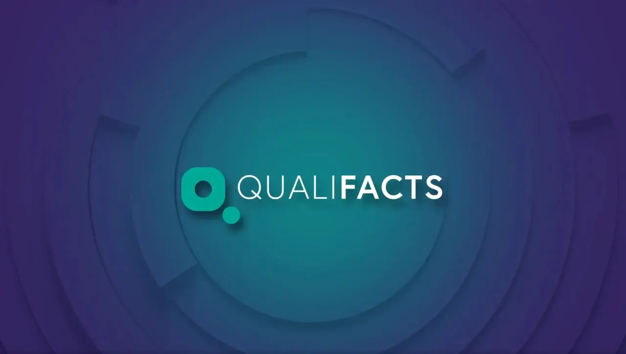 Qualifacts logo with a teal Q icon and white text on a purple and teal abstract circular background.