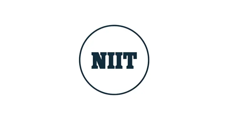 NIIT logo: Dark blue block letters "NIIT" inside a thin dark blue circle on a white background.