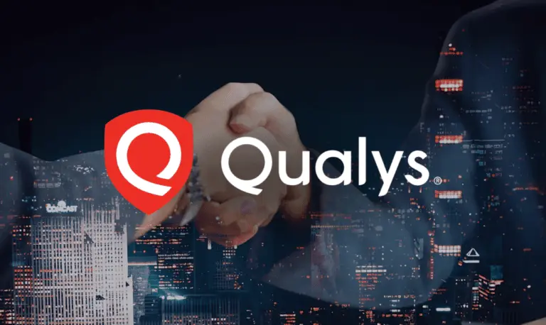 Qualys logo and text, with a handshake over a glowing night city, symbolizing partnership.