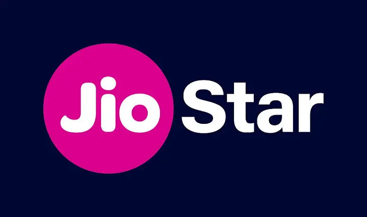 Jio Star logo: white "Jio" in pink circle, white "Star" text on a dark blue background.