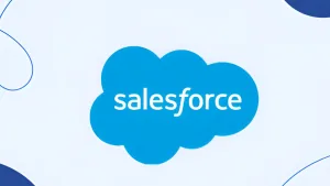 Salesforce logo: white text on a blue cloud, with abstract blue lines on a white background.