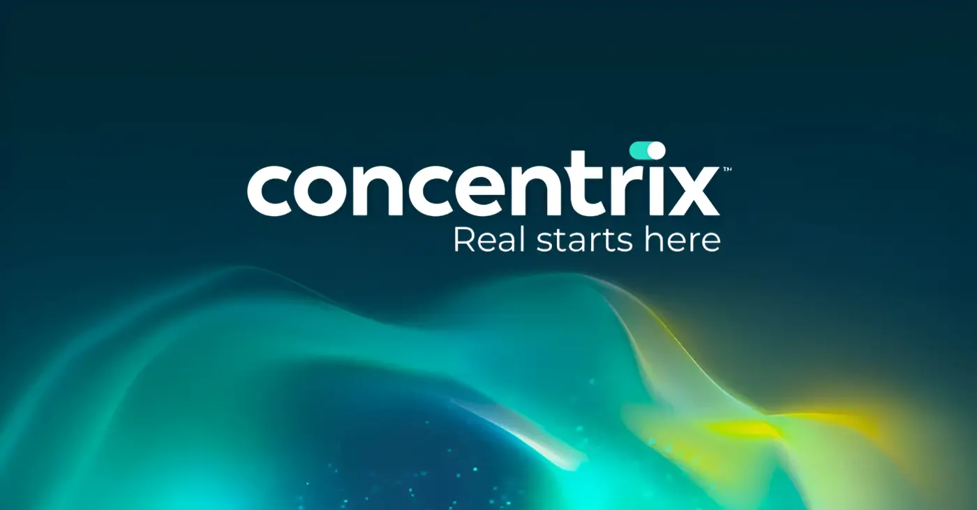 Concentrix logo and tagline Real starts here over a teal abstract background with glowing waves.