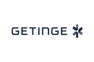 Getinge logo in dark blue lettering with a geometric star icon on a white background