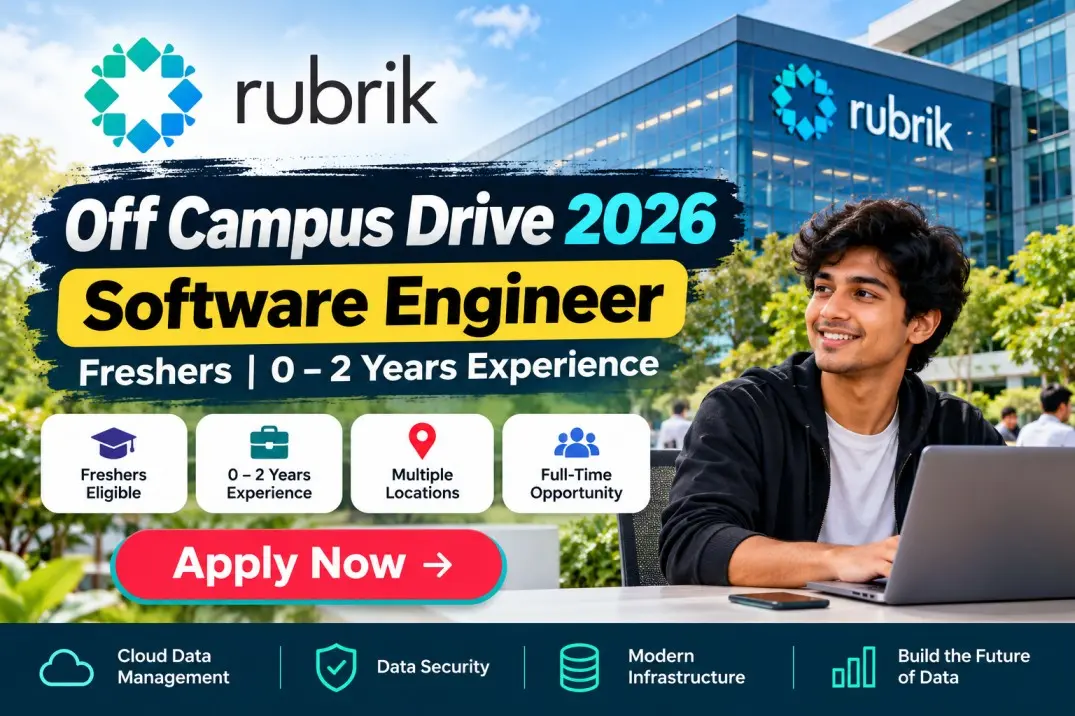 Rubrik 2026 Software Engineer off-campus hiring banner featuring a smiling man with a laptop and job details.